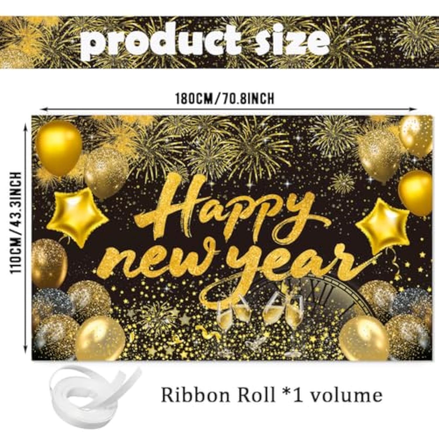 Happy New Year 2026 Black Backdrop Banner for Party and Photo Booth Decor
