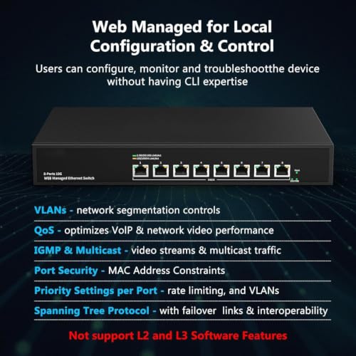 8 Port 10Gb Rj45 Web Managed Network Ethernet Switch 8 X 10G Base-T Port | Multi-Gig 10G-5G-2.5G-1G | 19 Inch Rack Mount | Built-In Fan | 160G Bandwidth | 10Gbps For 10G Nas, Pc, Wifi7 Router