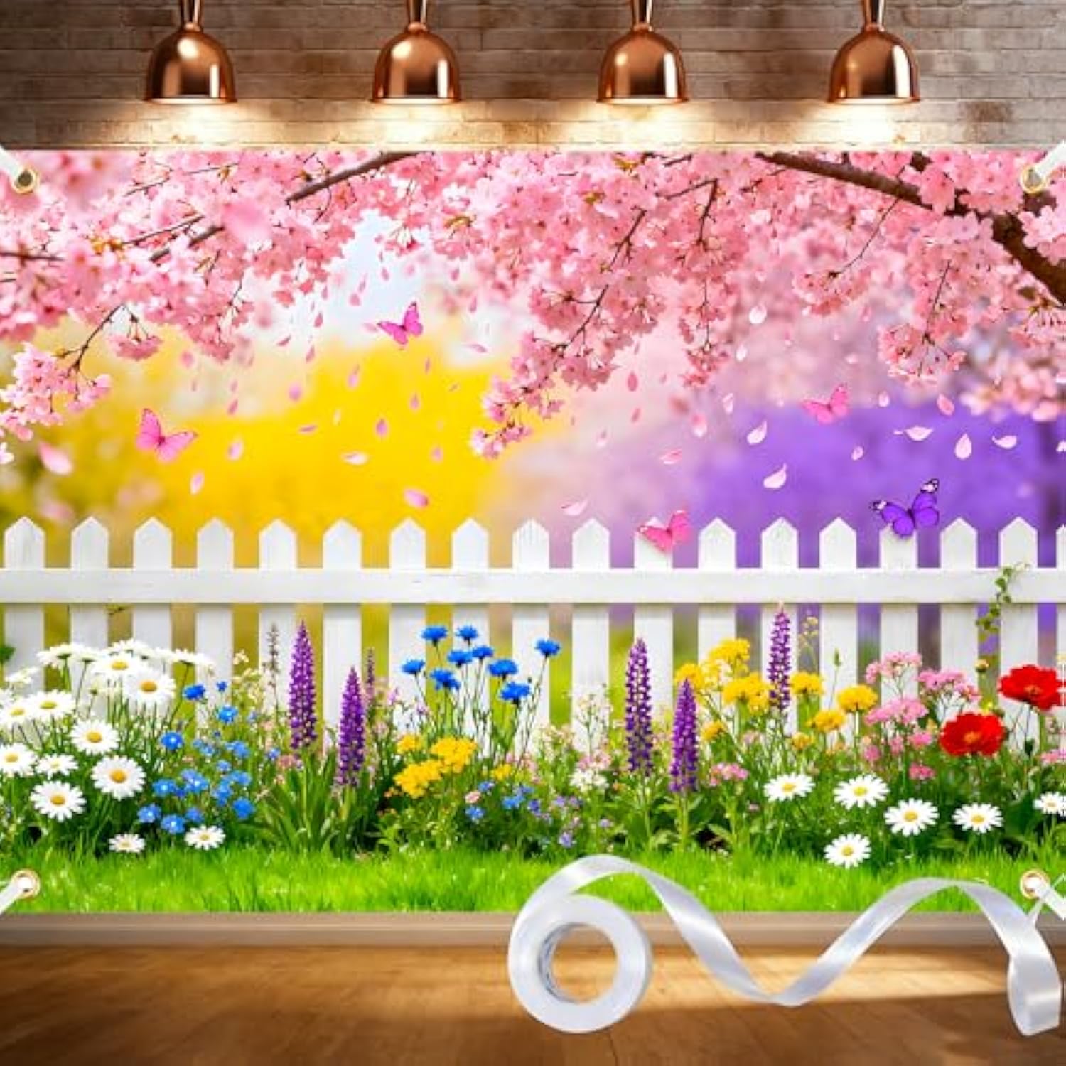 Spring Easter Backdrop 7X5Ft Pink Flowers Garden Backdrop Polyester Easter Backdrops For Photography Spring Banner Natural Scenery Background For Birthday Wedding Party Photo Studio Prop With Ribbon