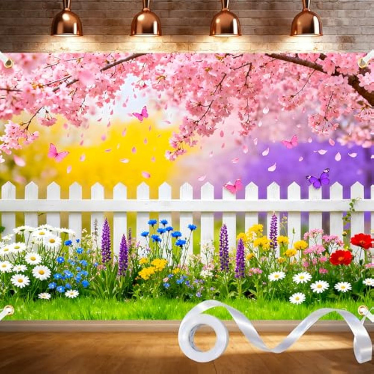 Spring Easter Backdrop 7X5Ft Pink Flowers Garden Backdrop Polyester Easter Backdrops For Photography Spring Banner Natural Scenery Background For Birthday Wedding Party Photo Studio Prop With Ribbon