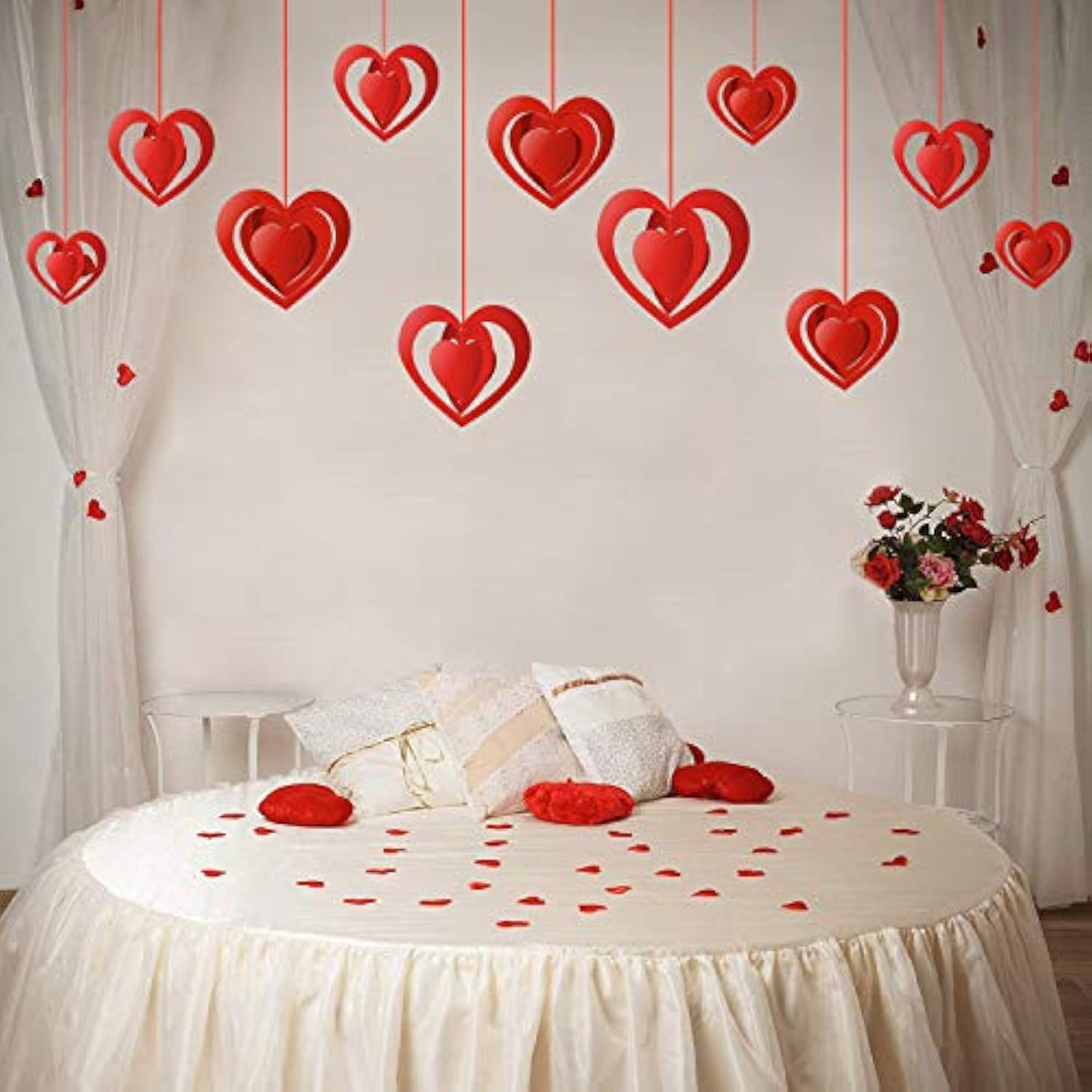 15 Pieces Valentine'S Day 3D Heart Hanging Decorations Red Hearts Hanging Ornaments With Red Ribbons Party Supplies For Indoor Outdoor Bridal Shower Anniversary Wedding Party Decorations