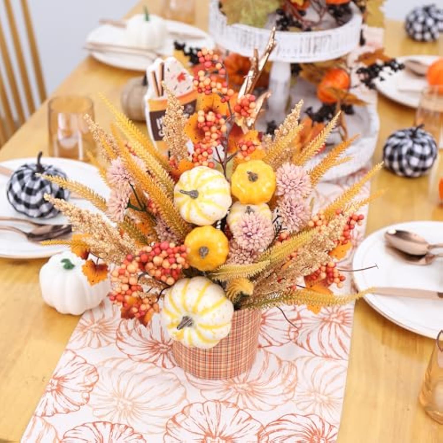 Fall Decor, 12" Artificial Yellow/White Pumpkin Berry Maple Tree Table Decorations, For Autumn Halloween Thanksgiving Home Farmhouse Harvest Holiday Party Centerpieces Decor.