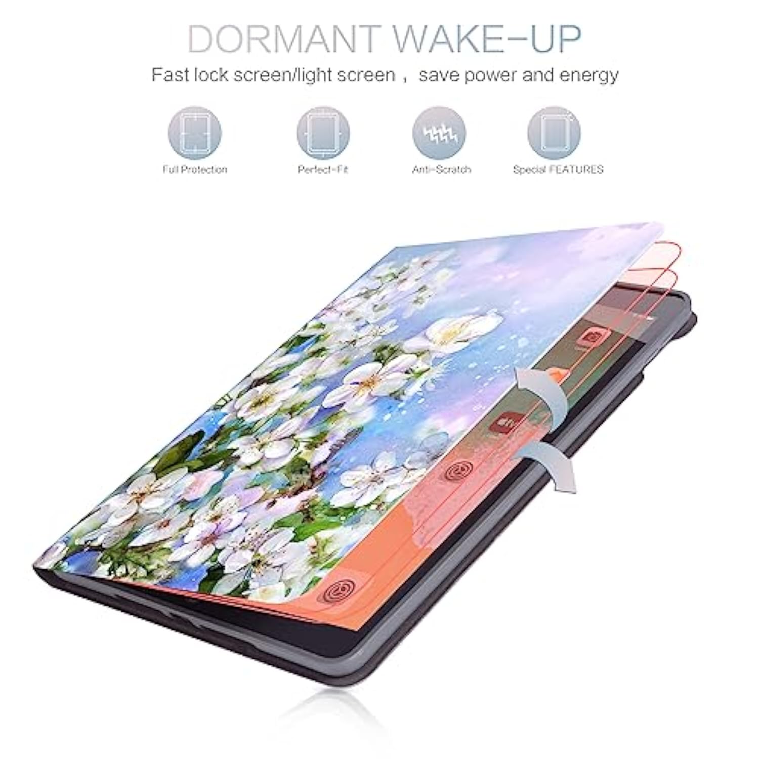 Case For 9Th Generation, White Flower, Auto Wake/Sleep, Multi-Angle Viewing, Shockproof, Floral
