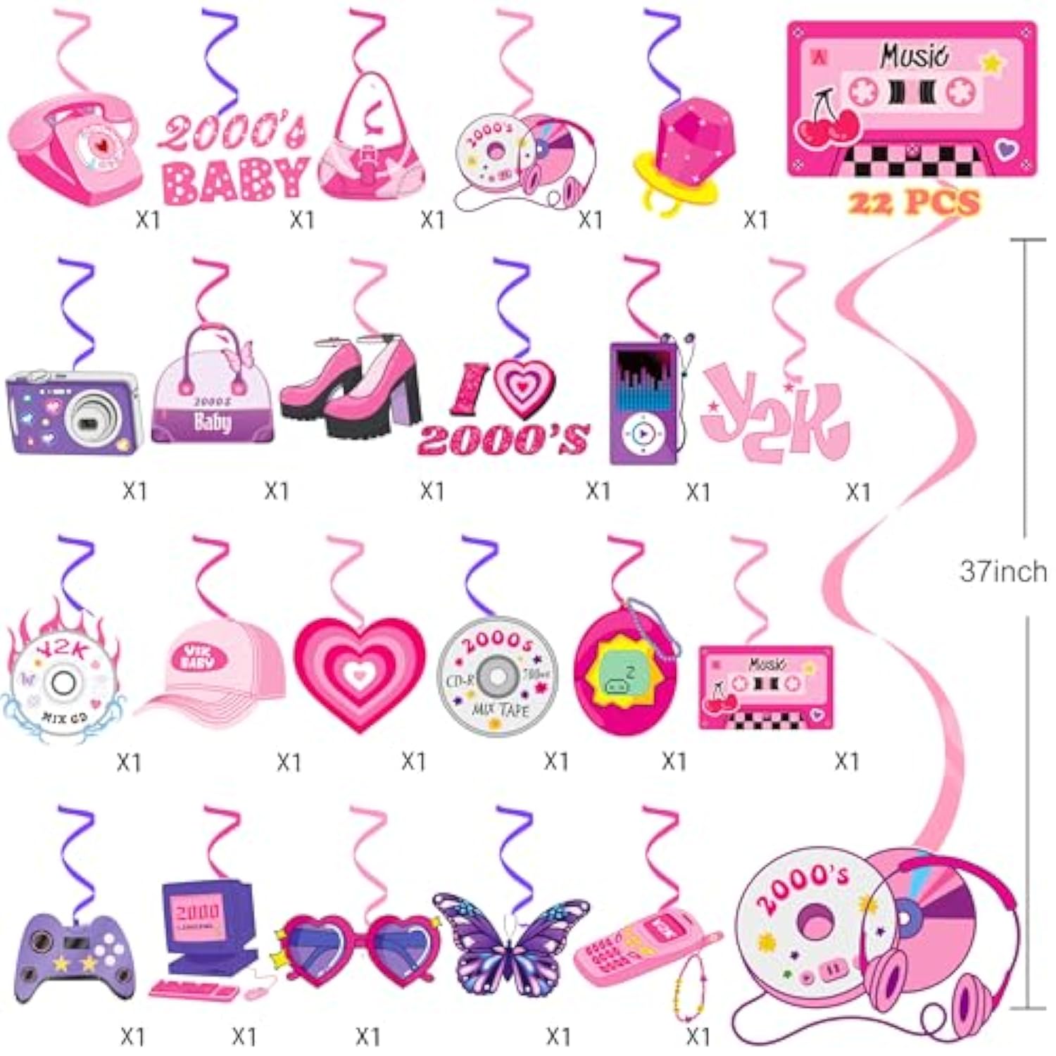 20Pcs Y2K Party Hanging Swirls 2000S Pink Birthday Party Decorations For Girls I Love 00‘S Theme Ceiling Swirl Streamers For Hot Girl Bday Retro 2000S Female Bachelorette Party Supplies