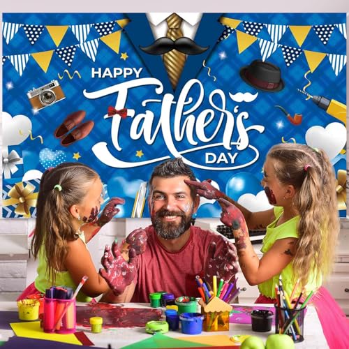 Father's Day Backdrop, Happy Fathers Day Decorations Blue Gold Dad Party Banner Background with Mustache Tools Balloons Gifts Pennants for Photo Booth, 71 x 43 Inch