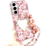 For Samsung Galaxy A16 5G Glitter Bling Case,Cute Luxury 3D Sparkle Heart Makeup Mirror Crystal Rhinestones Flowers Diamond Gems With Lanyard Wrist Strap Women Girls Case For Galaxy A16, Pink