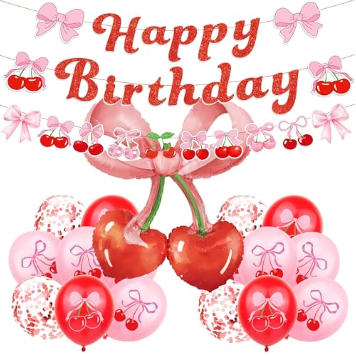 Cherry Theme Birthday Party Decorations Set, 20 Pieces With Banner, Balloons And 42-Inch Bow, Pink And Red