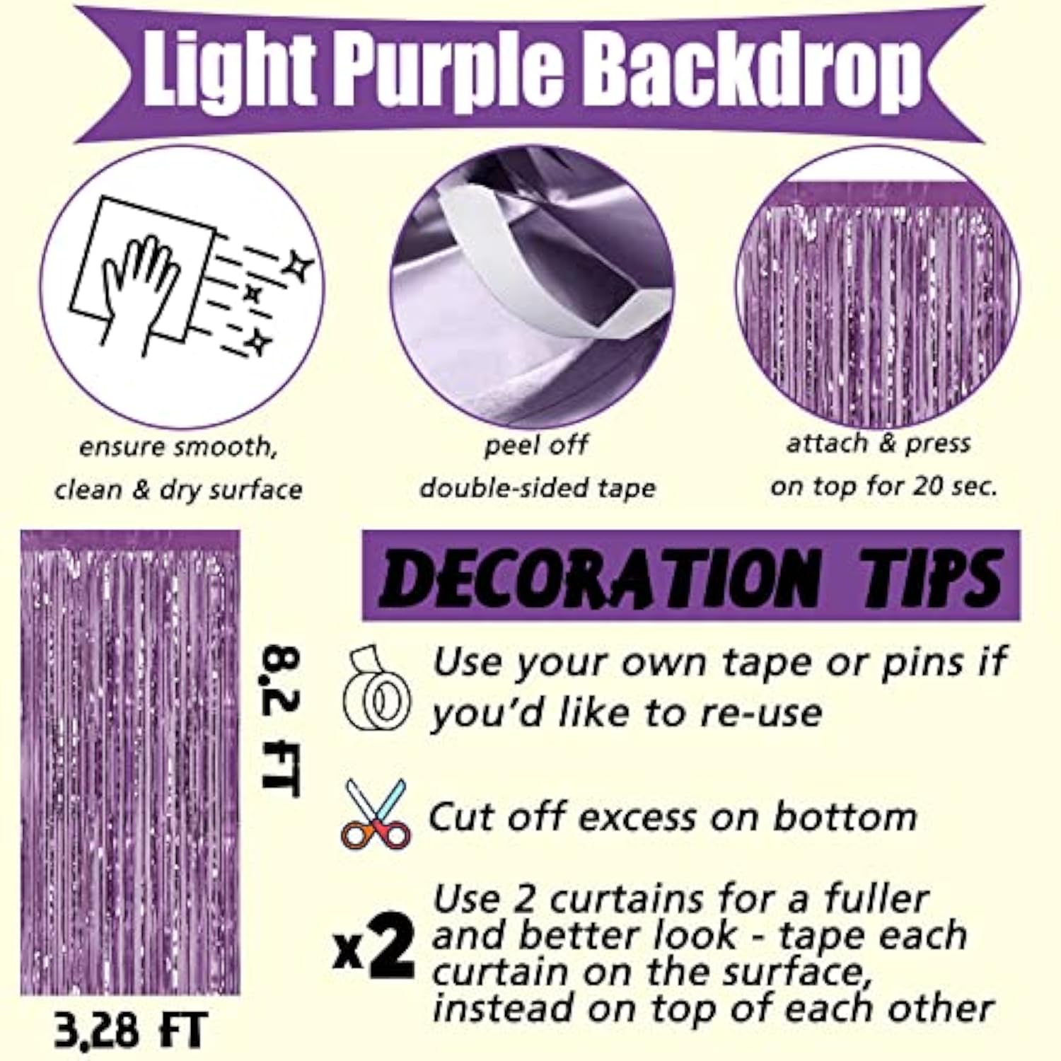 4 Pack Light Purple Fringe Curtain Backdrop, 3.2Ft X 8.2Ft Metallic Tinsel Foil Fringe Streamers Background For Photo Booth Birthday Wedding Baby Shower Carnival Easter Mother’S Day Party Decorations
