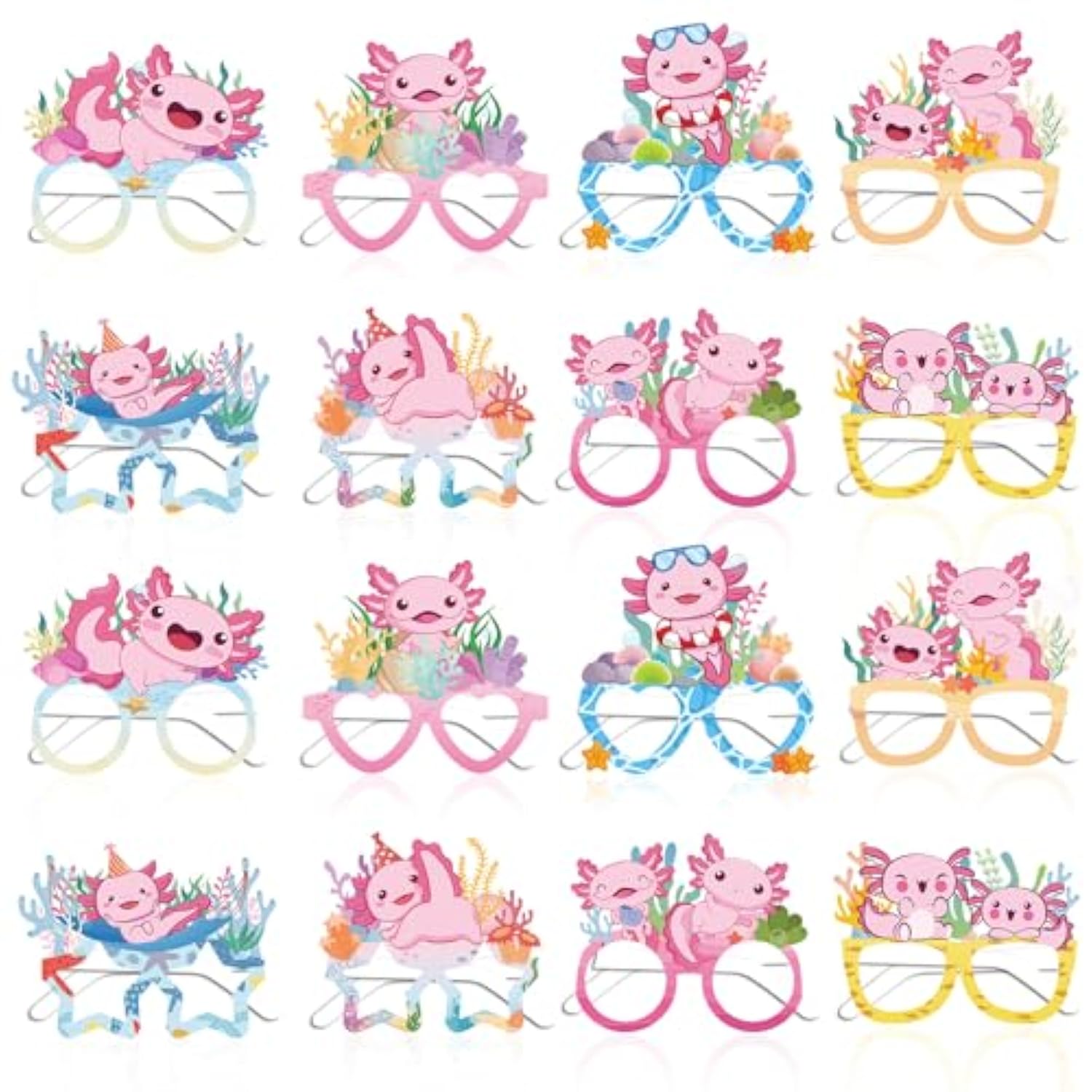 Axolotl Birthday Glasses Decorations, 24Pcs Axolotl Party Photo Booth Prop Supplies, Cute Salamander Gift Favors Eyeglasses Dress Up Cosplay