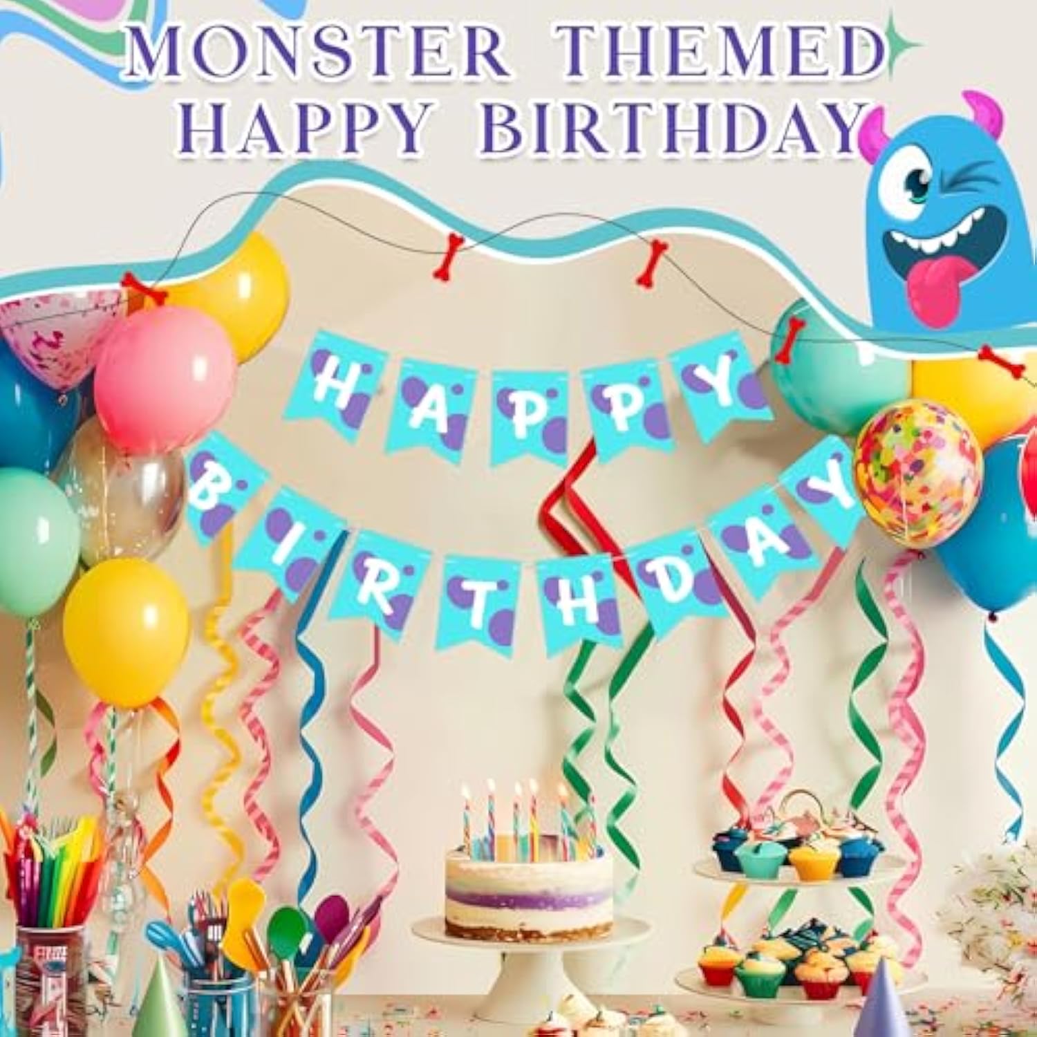 Monster Birthday Party Decoration Cartoon Happy Birthday Pre-Strung Banner For Kids Boys Monster Themed Event Party Supplies(Classic Style)