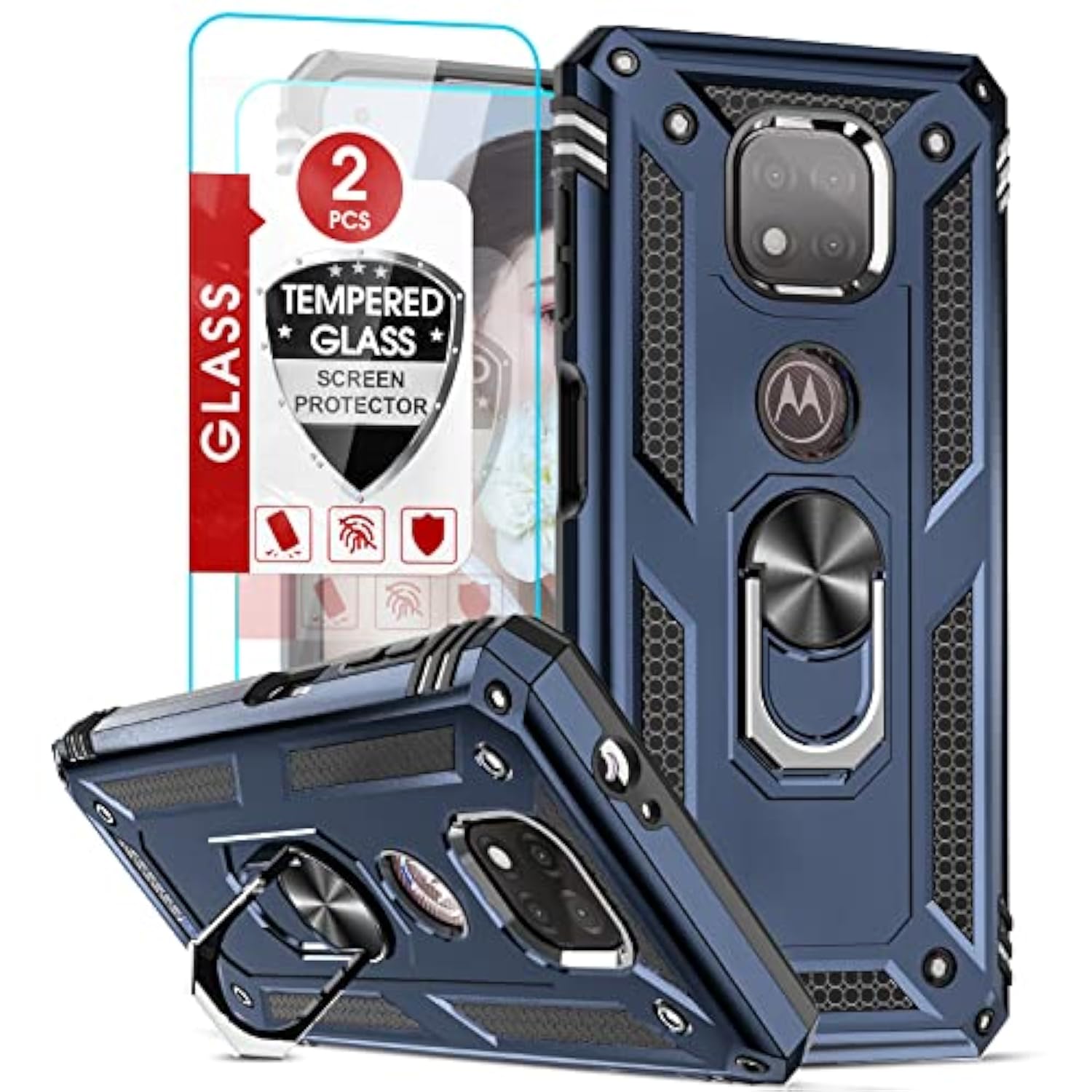 For Moto G Power 2021 Case (Not Fit 2020/2022) With [2 Pack] Tempered Glass Screen Protector, [Military-Grade] Shockproof Protective Phone Case With Ring Stand For Motorola G Power 2021, Blue