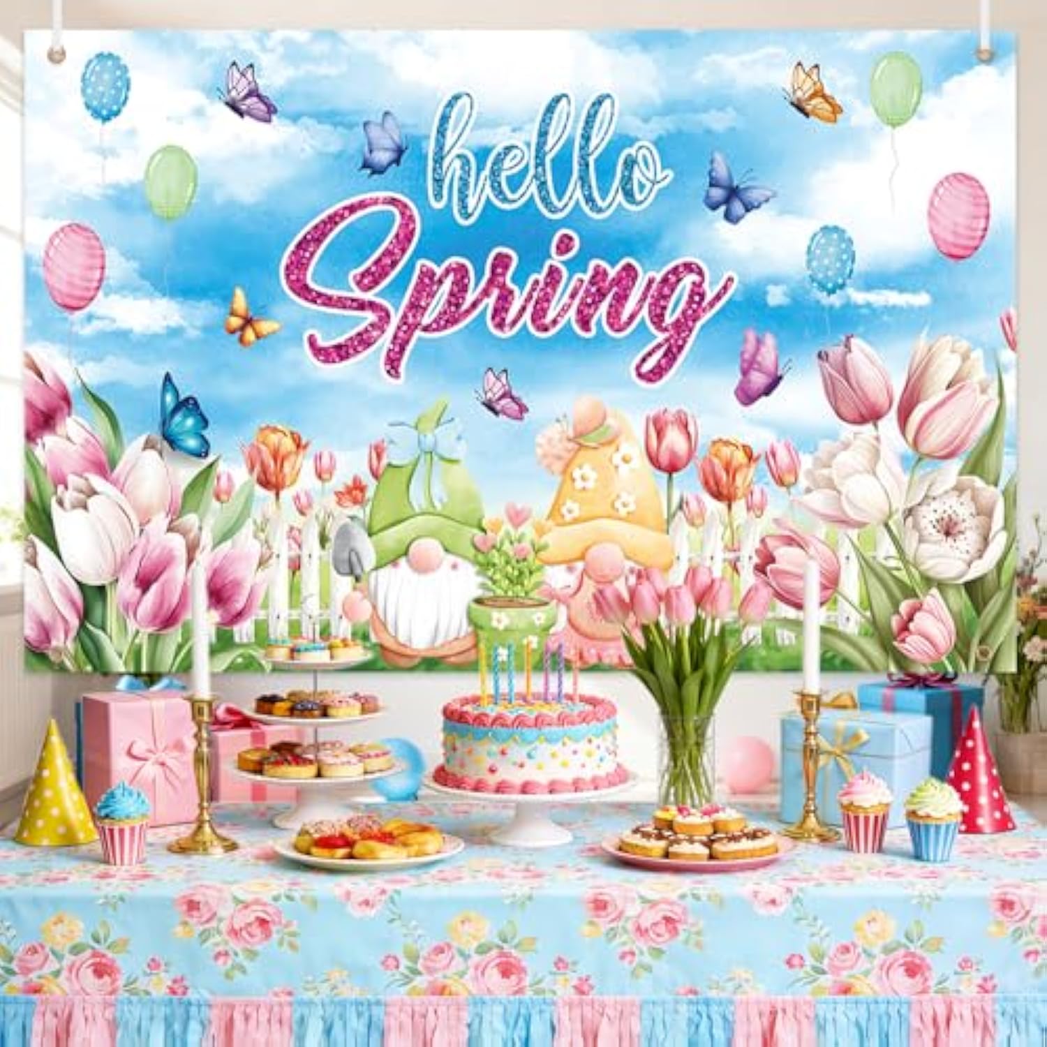 Hello Spring Backdrop Butterfly Flowers Balloon Photography Background Easter Spring Party Decorations Banner Photo Props 70.8 X 43.3 Inch