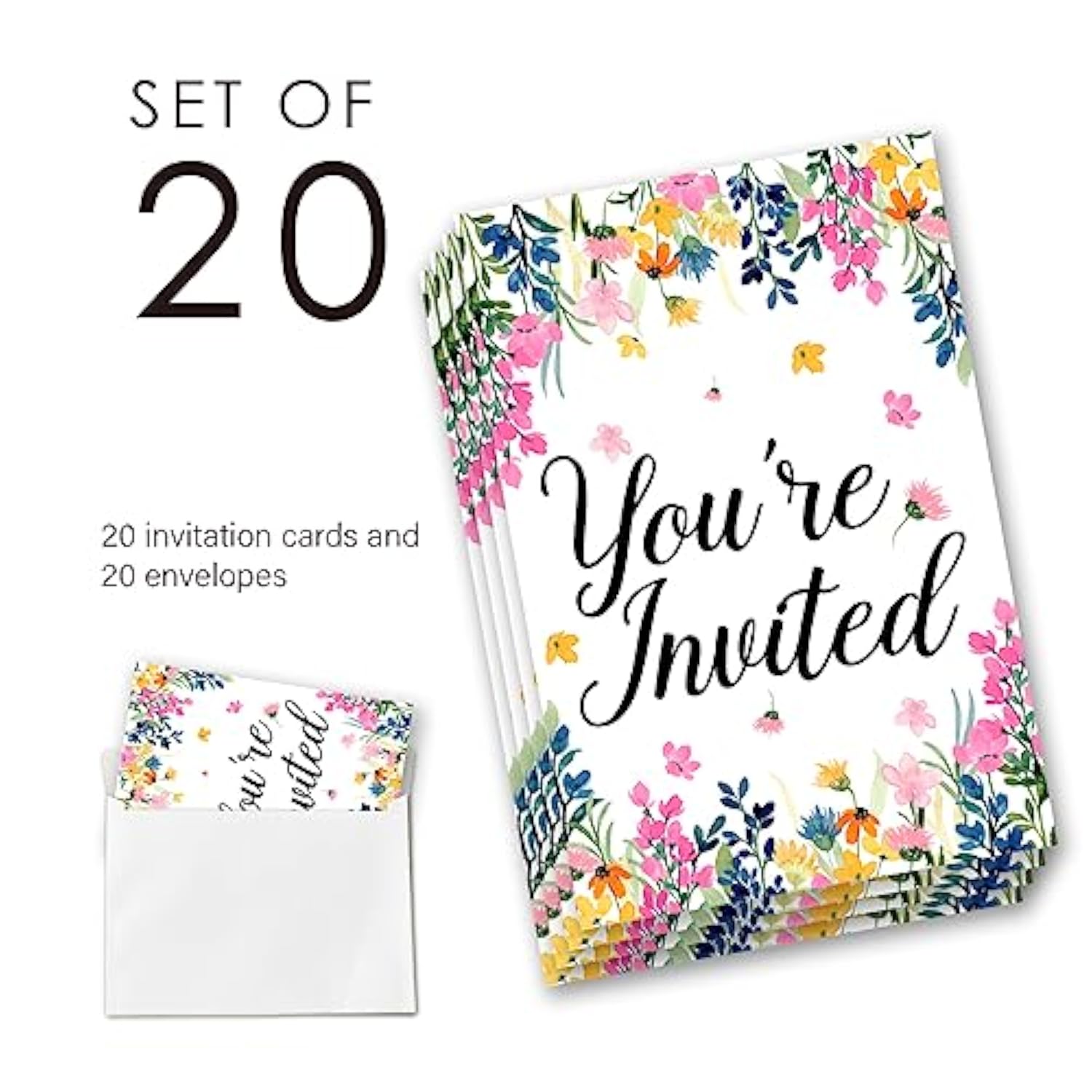 Wildflower Birthday Party Invitations Supplies Fill-In Set Of 20 With Envelopes Floral Birthday Bash Invites Cards, Double Sided