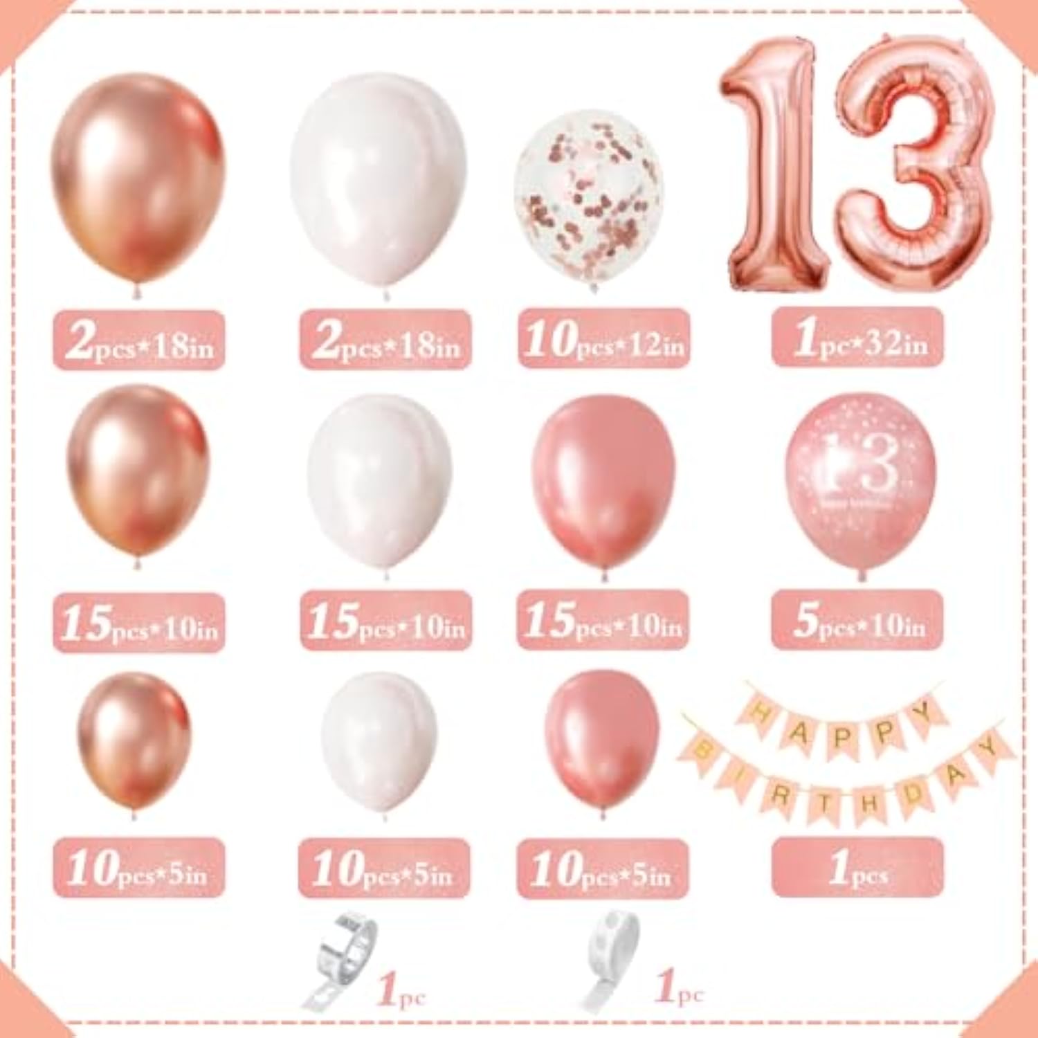 100pcs 13th Birthday Decorations, Balloons, Garland, Banner for 13-Year-Old Girl Party