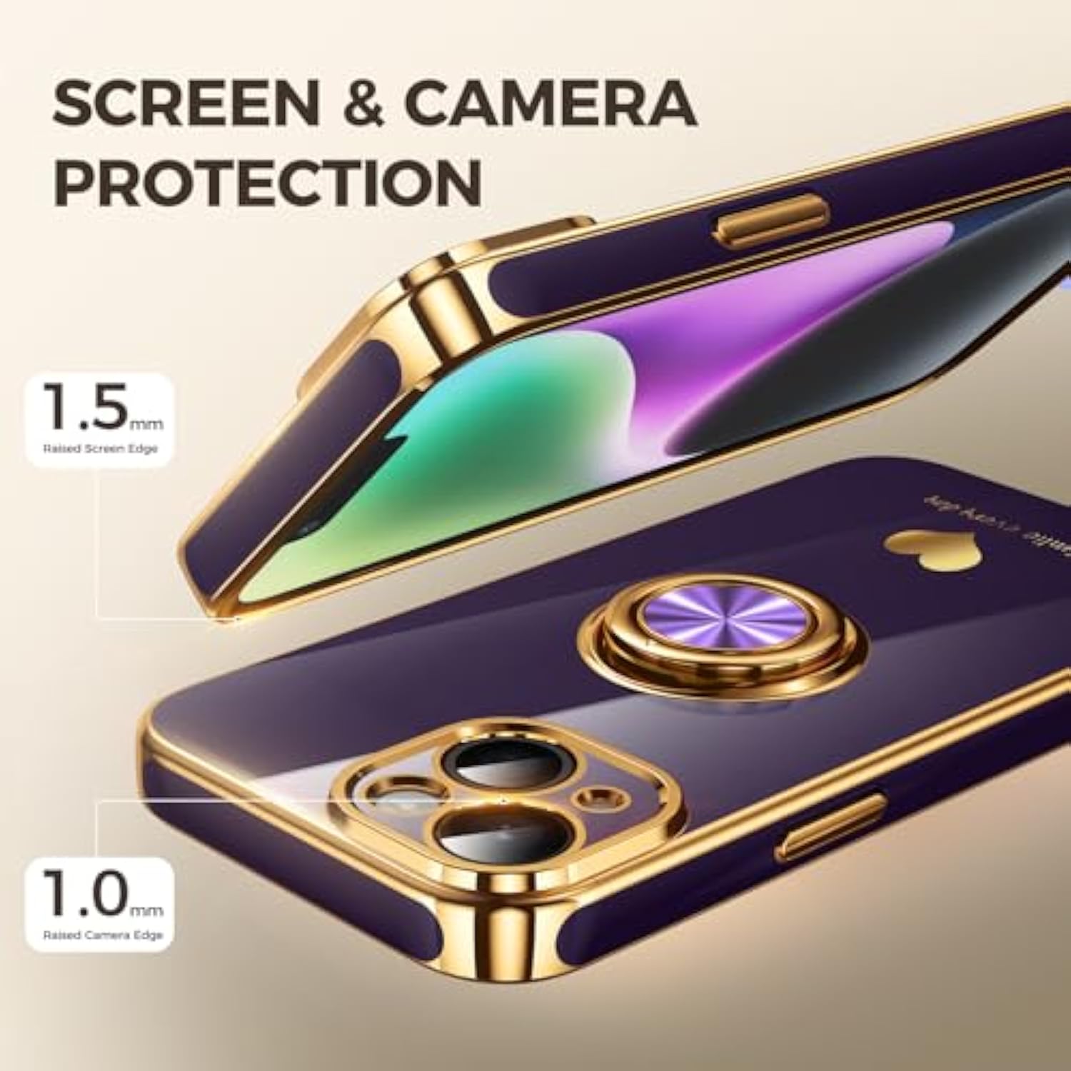 iPhone 14 Case with 2 Screen Protectors 360° Ring Holder Purple