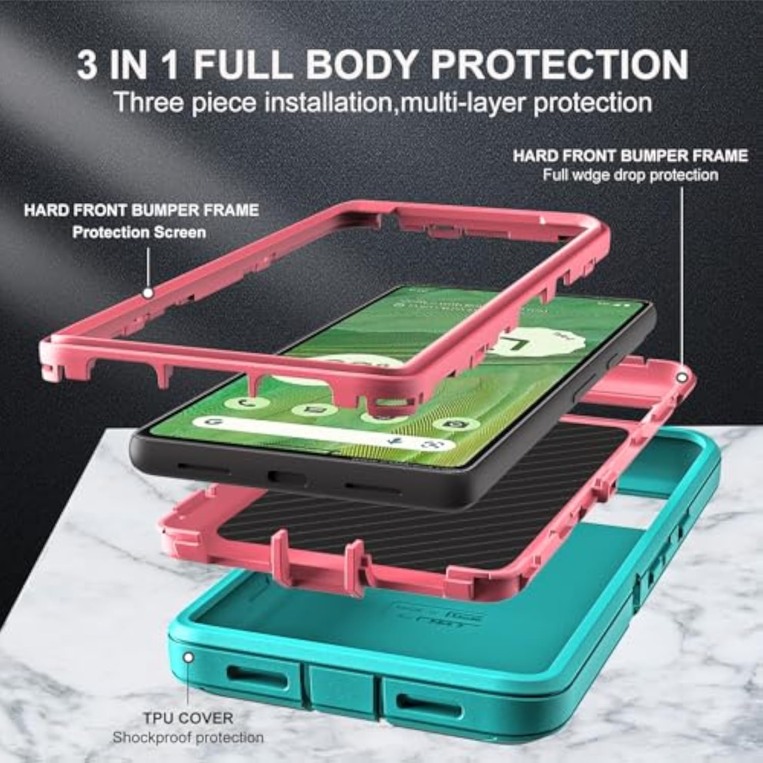 Google Pixel 7 3 in 1 Heavy Duty Shockproof Case with Tempered Glass Screen Protector Aqua Blue/Pink