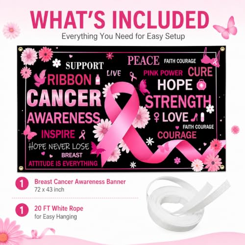 Breast Cancer Awareness Month Backdrop Banner, 72" x 43" Pink Ribbon Decor