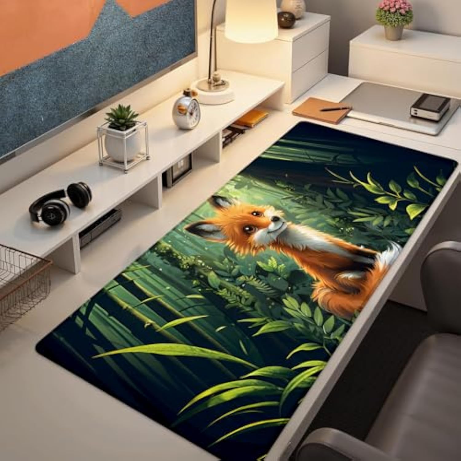 Adorable Fox Gaming Mouse Pad, Large Office Desktop Mousepad For Computer Laptop, Extended Work Desk Mat With Anti-Slip Base, Decorative Desk Pad 31.5×11.8 In (Cute Fox In Forest)
