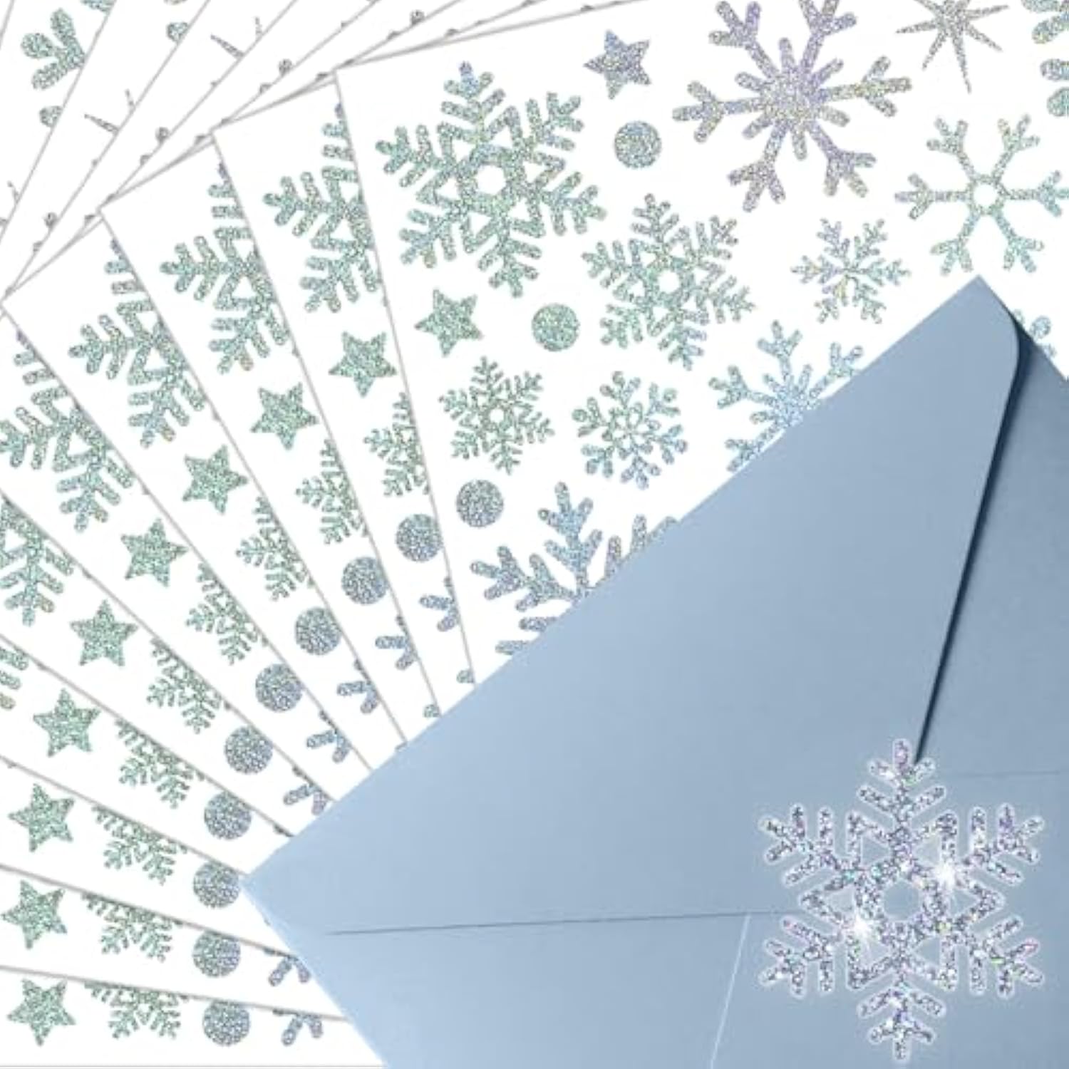 Christmas Envelope Seal Snowflake Sticker Glitter Xmas Winter Label Snowflake Dot Stickers Decals For Card Box Home Crafts Decoration (Silver, 20 Sheets)