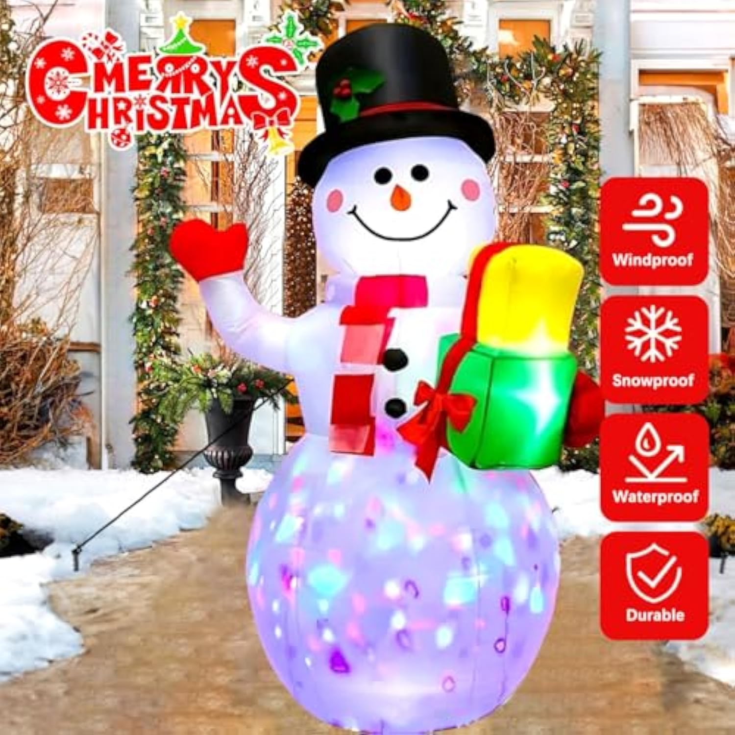 5Ft Christmas Inflatables Snowman With Rotating Lights, Blow Up Snowman Outdoor Decoration Led Lighted Snow Man Christma