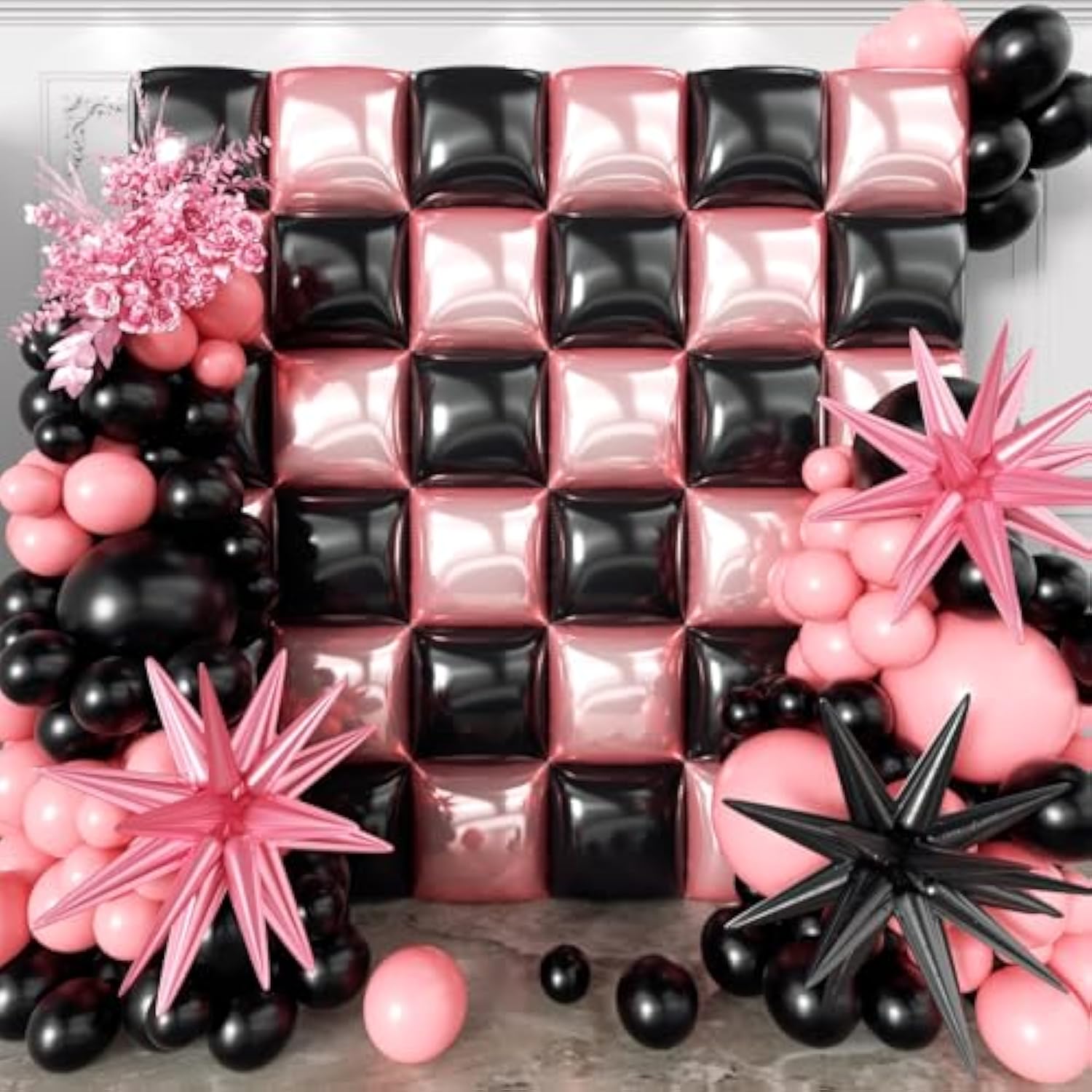 36Pcs Black And Pink Square Foil Balloons Wall Backdrop With 147Pcs Balloon Garland Arch Kit, Double Sided Balloons For Bachelorette Baby Shower Birthday Anniversary Prom Party Decorations