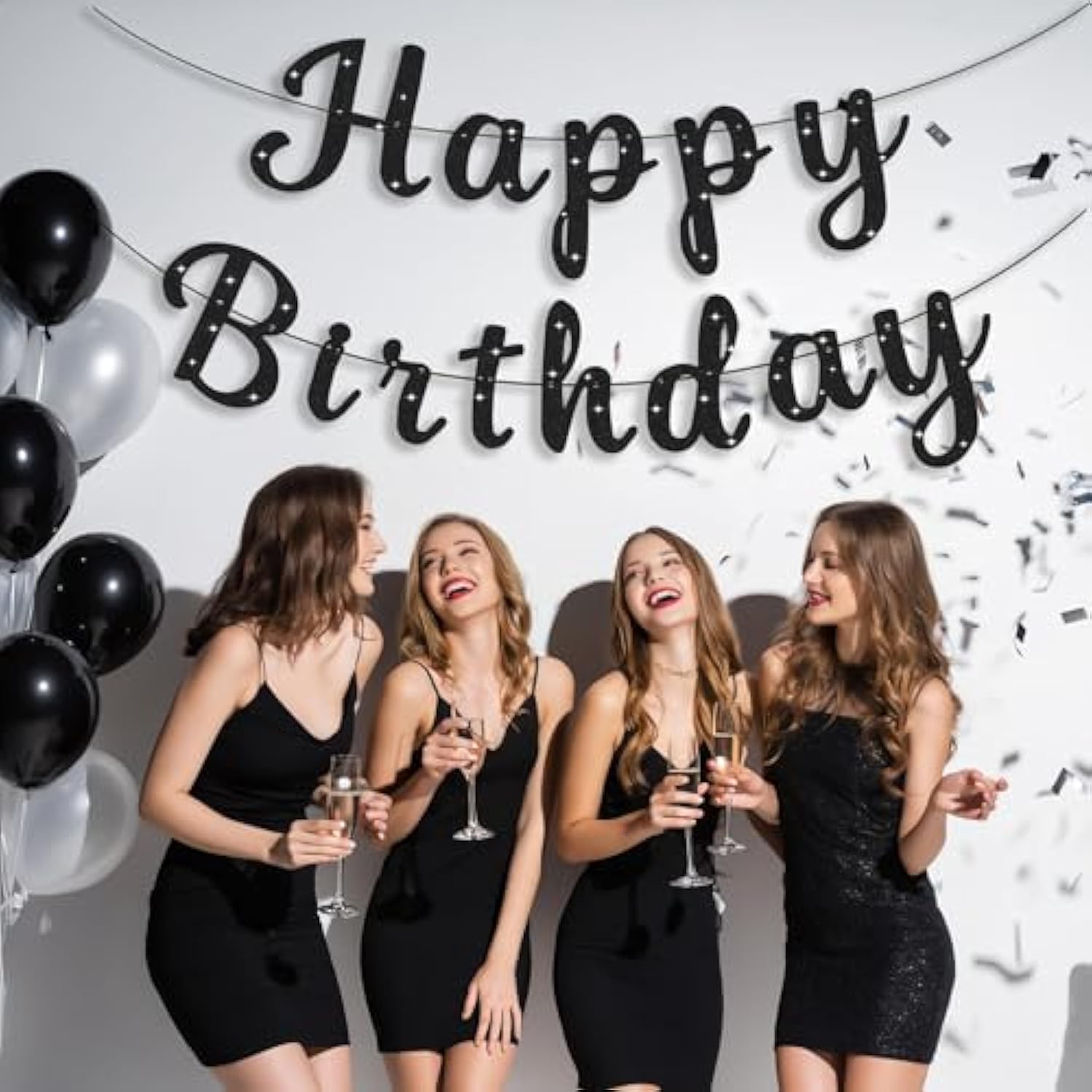 Black Glitter Happy Birthday Banner Signs Party Decorations for Women & Men