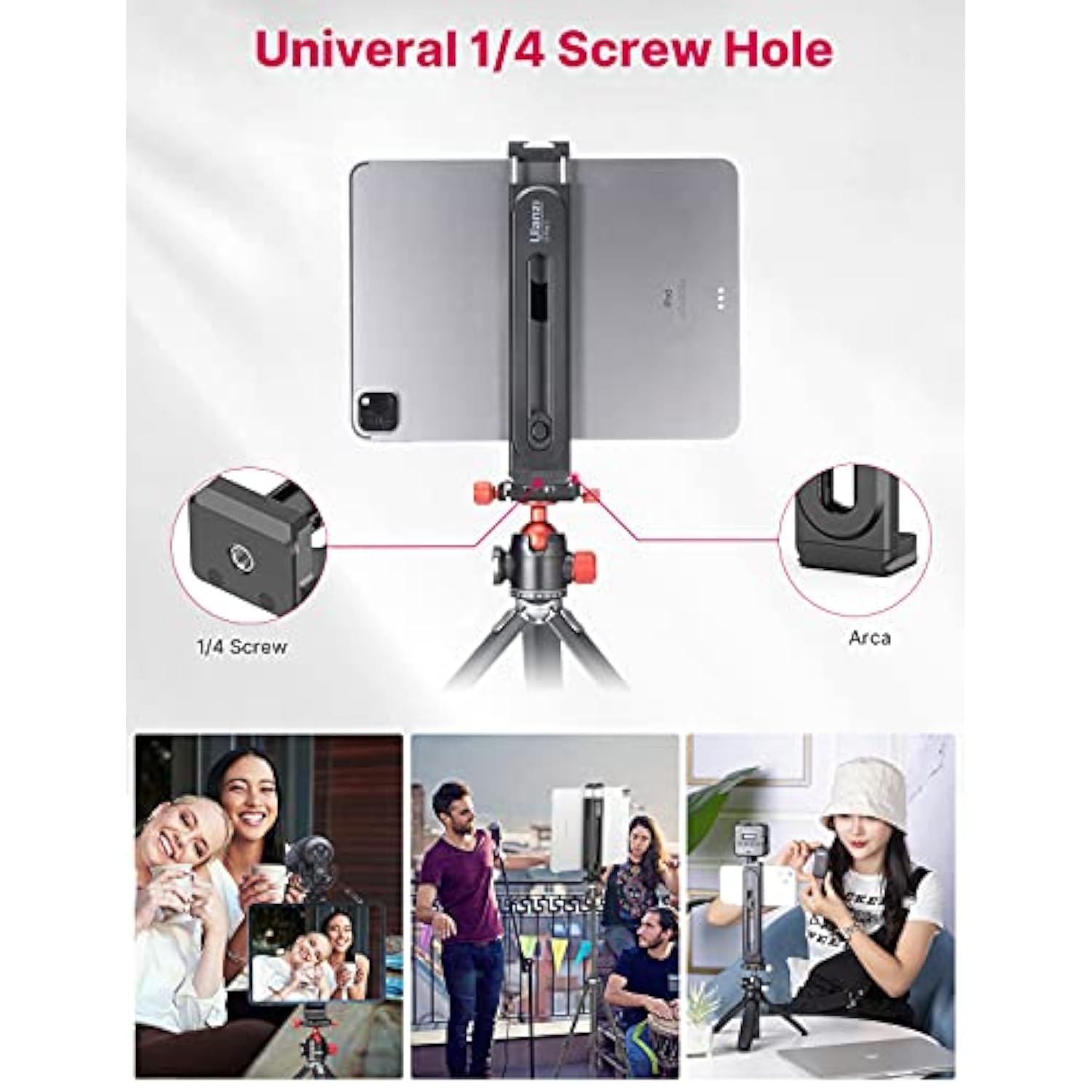 ULANZI iPad Phone Tripod Mount Adapter with Cold Shoe, Universal Smartphone Tablet Holder for Tripod with Arca Quick Release Plate 1/4'' Screw Mount, Compatible for iPhone iPad Surface Pro and More