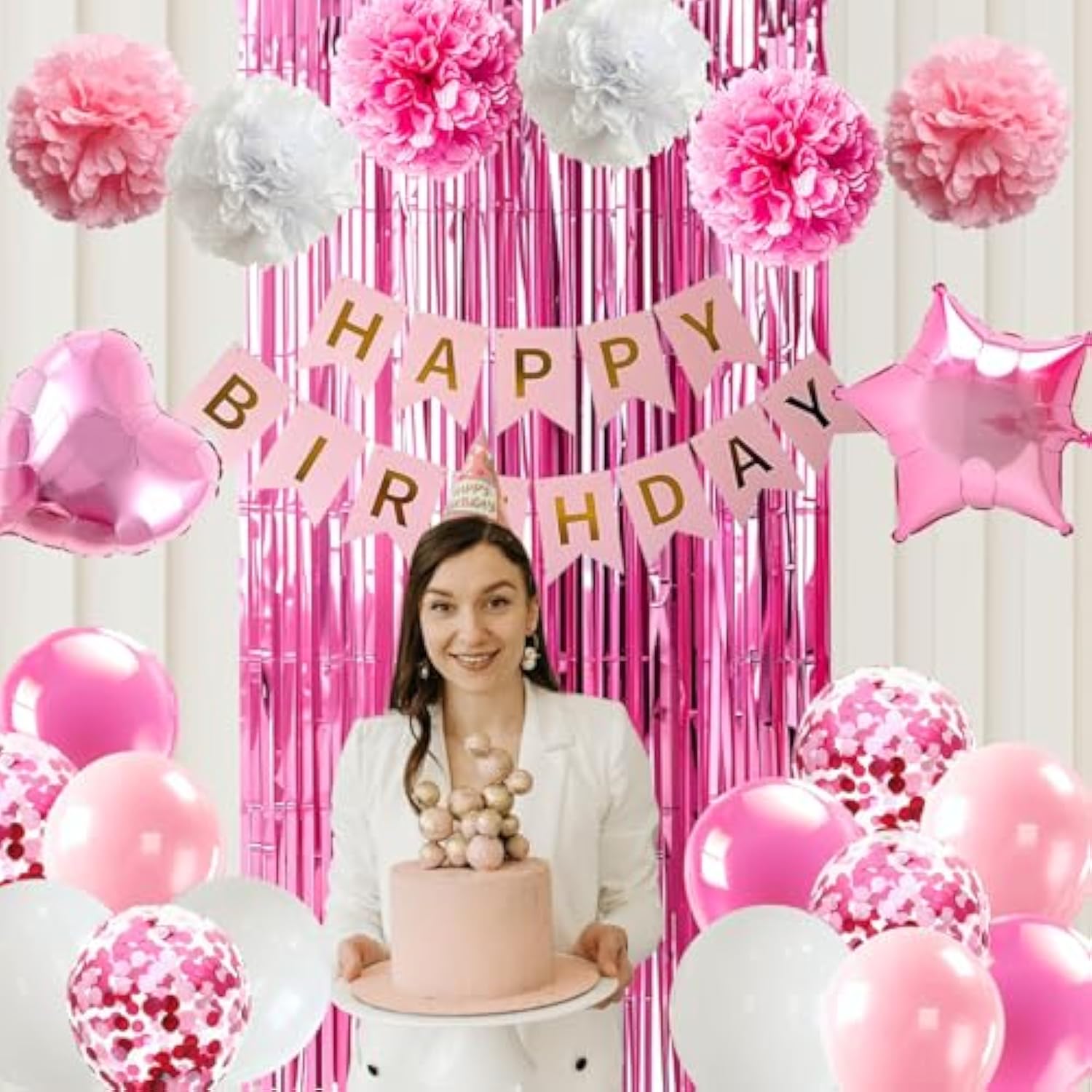 Pink Birthday Party Decorations For Women, Pink And White Birthday Decorations With Banner Heart Shape Foil Balloons Pompoms Fringe Curtain For Princess Party