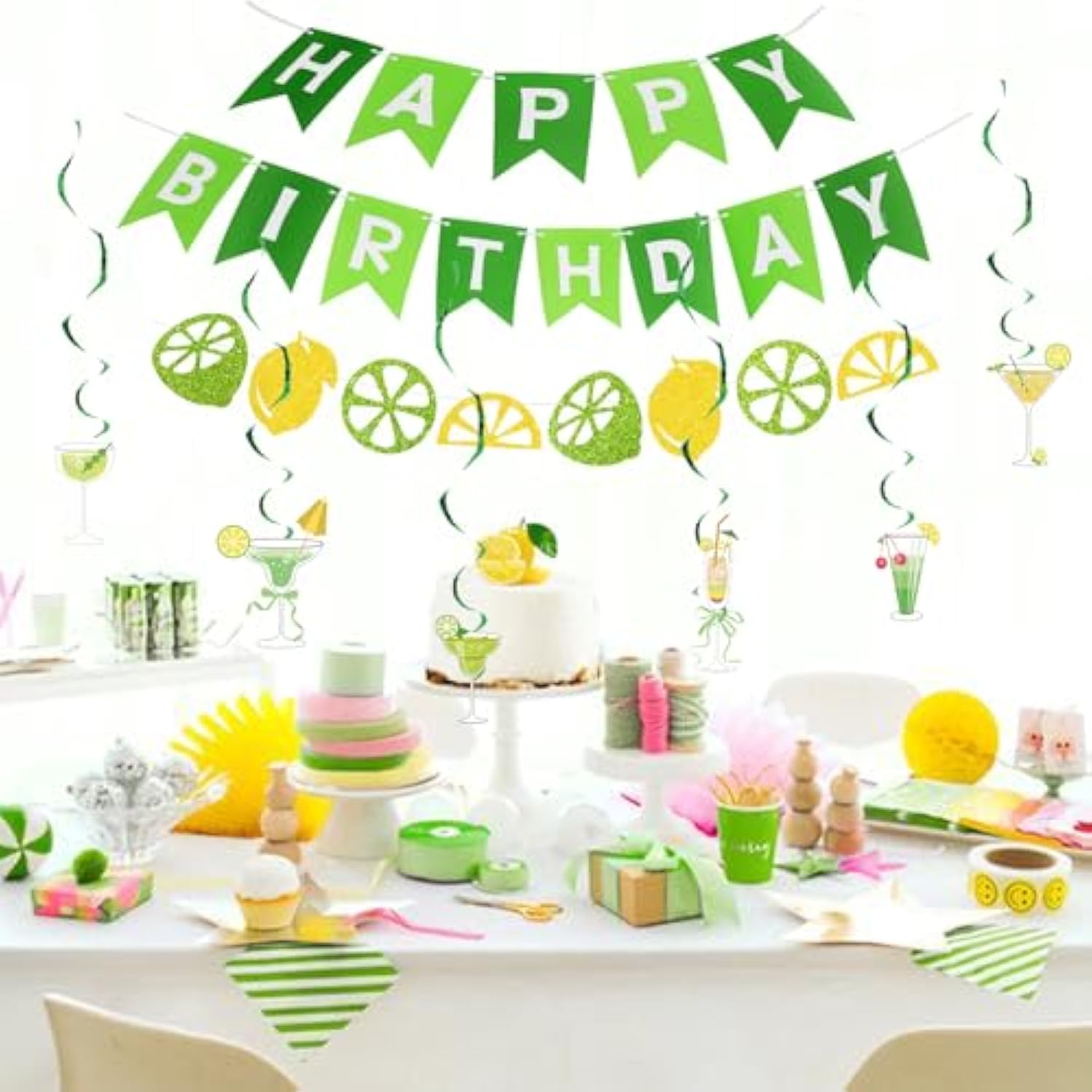 Birthday Decorations,Green Margarita Happy Birthday Banner With Martini Hanging Swirl Streamers, Margarita Party Decorations Accessory For Women Man