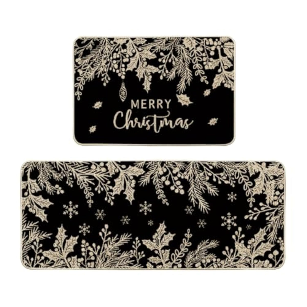 Black Holly Pine Branches Merry Christmas Kitchen Mats Set Of 2, Winter Decor Low-Profile Kitchen Rugs For Floor - 24X35 And 24X59 Inch