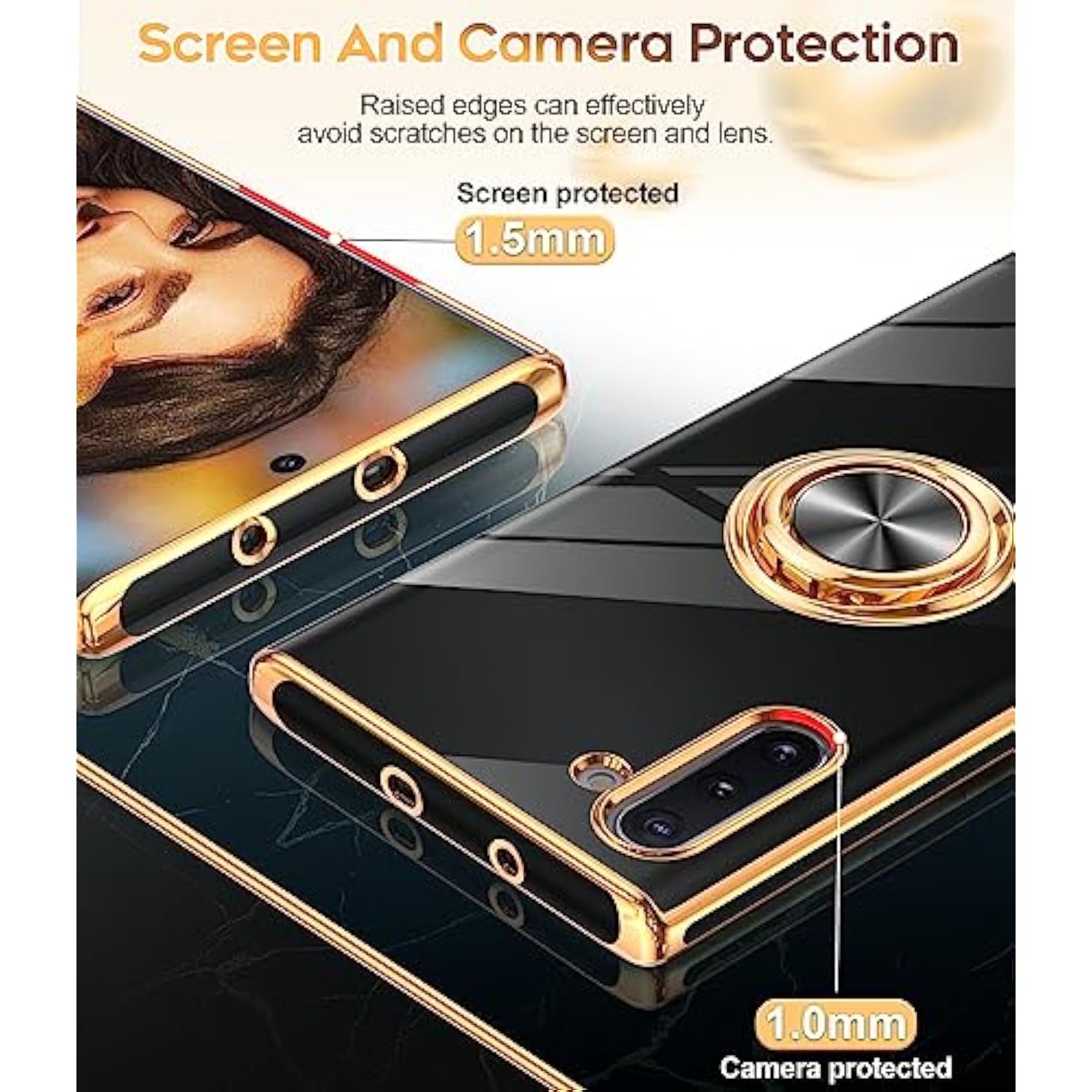 For Galaxy Note 10 Case: 360° Rotatable Ring Holder Magnetic Kickstand, Plating Rose Gold Edge Protective Case [ Not Applicable Note 10 Plus], Black