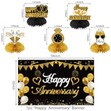 Happy Anniversary Decorations Kit - Black Gold Wedding Party Supplies - Large Banner, Backdrop, Table Centerpieces, Hanging Swirl, Paper Pompoms Decors