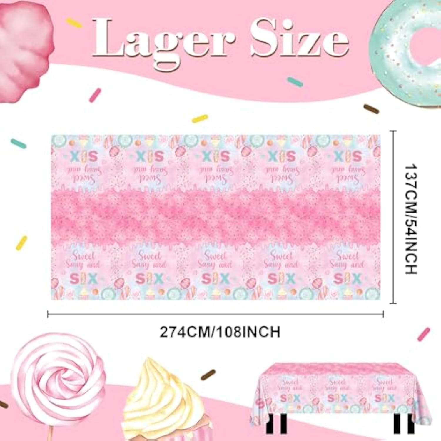 Donut 6Th Birthday Tablecloth, 3-Pack 108X54 Inch Plastic Table Covers With Sweet Sassy And Six Design, Perfect For Birthday Parties And Celebrations