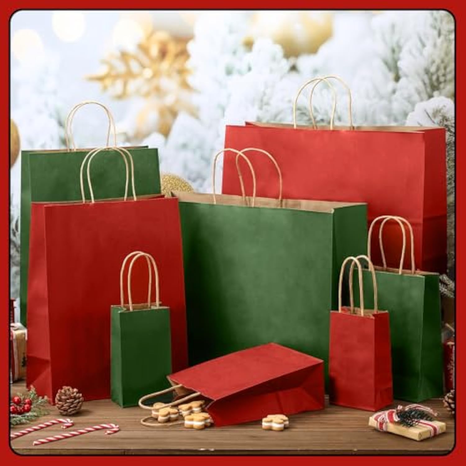 100 Pcs Red And Green Christmas Gift Bags Kraft Paper Bags With Handles Holiday Gift For Wedding Baby Shower Bridal Shower Shopping Party Favor Business (4 Size)