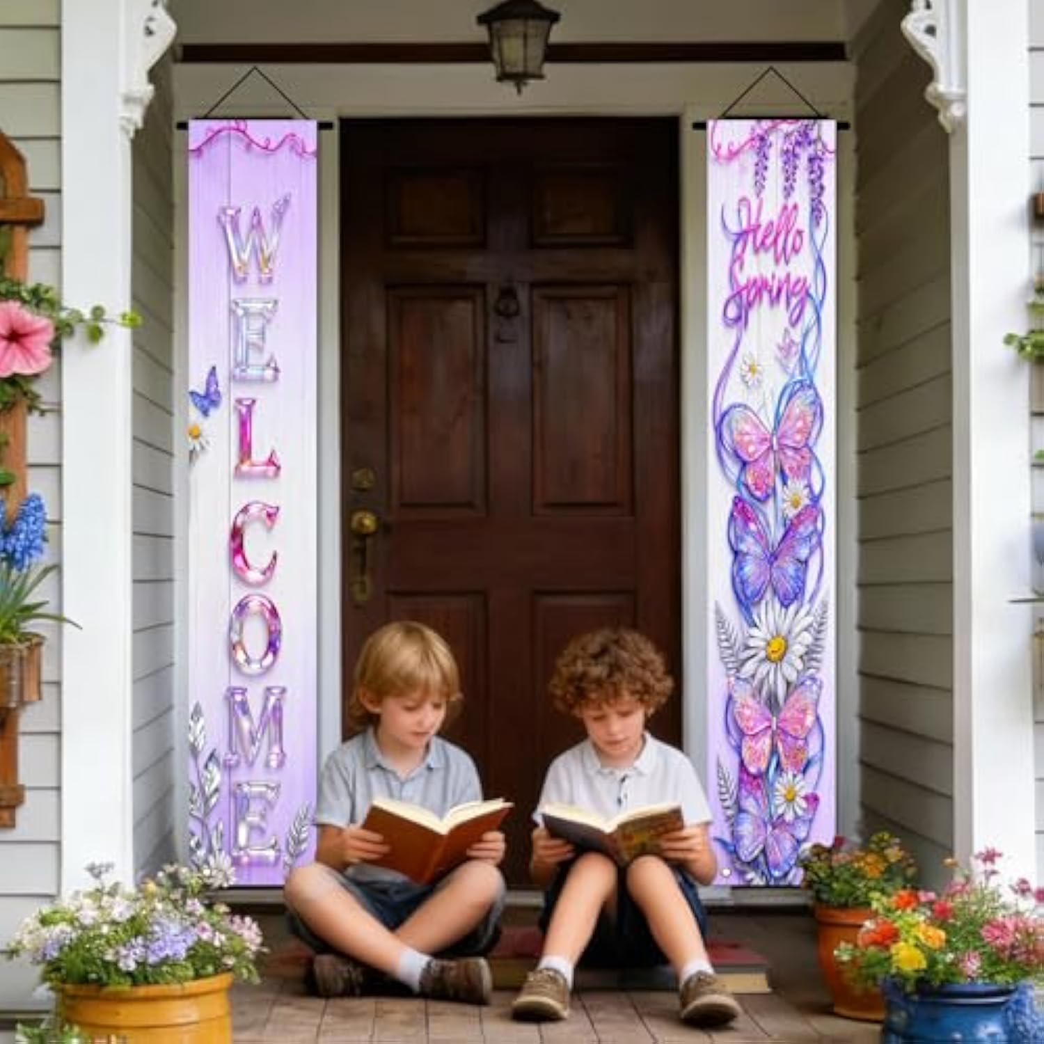 Welcome Hello Spring Butterfly Wisteria Door Banner Polyester 70X12 Inches - Door Banners For Outside, Spring Butterfly Decor For Home, Garden, Outdoor