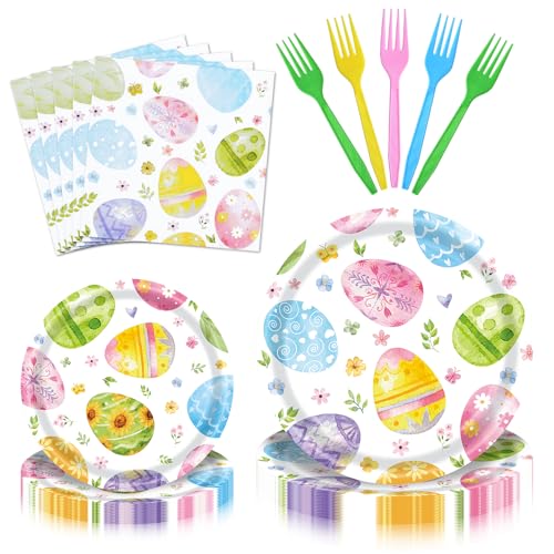 96 Pieces Easter Party Tableware Set – Colorful Egg Easter Disposable Plates, Napkins, Painted Eggs and Spring Floral Designs for Easter Parties, Egg Hunts, and Spring Celebrations – Serves 24 Guests