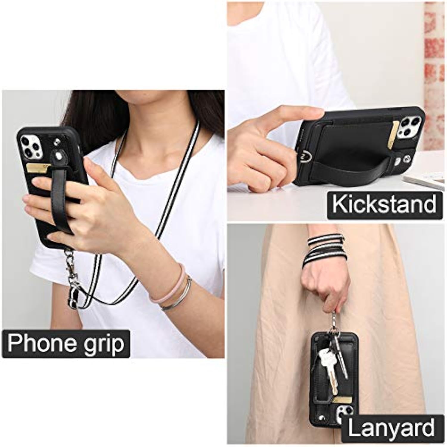 Wallet Case For Iphone 12 Pro Max Lanyard Case With Pu Leather Kickstand Detachable Neck Strap Cover For Iphone 12 Pro Max 6.7" For Men Women Black