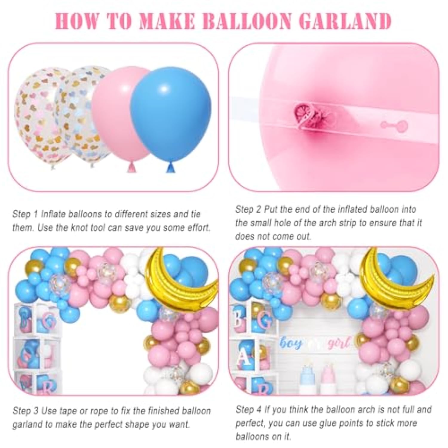 130Pcs Gender Reveal Balloon Decorations, Pink And Blue Balloon Arch Kit Baby Boxes With Letters(A-Z+Boy Girl) For Baby Shower Birthday He Or She Gender Reveal Party Supplies