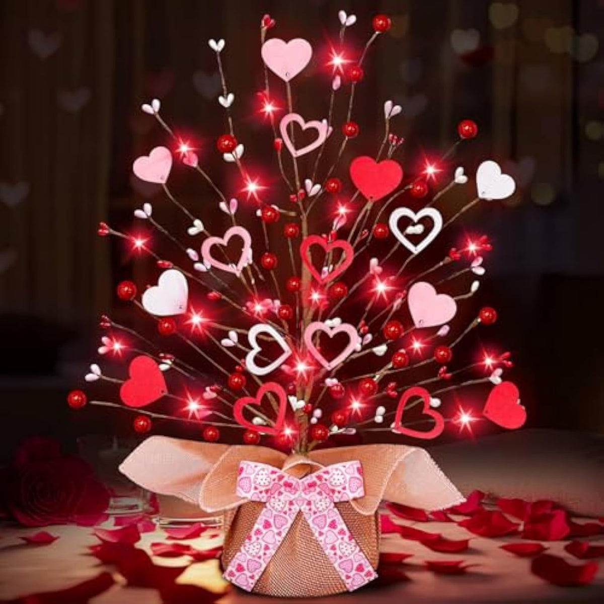 Valentine'S Day Tree Tabletop Decorations With 20 Red Lights, Timer, Battery Operated - 16 Inch, Pink & White Hearts, 32 Red Berries - Perfect For Home, Table, Bedroom, Indoor Party & Wedding Decor