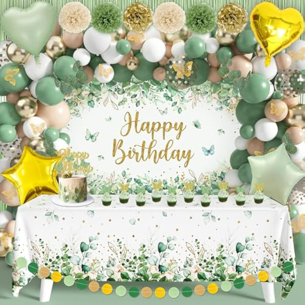 Sage Green Birthday Party Decoration Supplies For Boys Girls - Happy Birthday Backdrop, Tablecloth, Balloon Arch, Butterfly Stickers - Women Adult Decor, Neutral Baby Shower