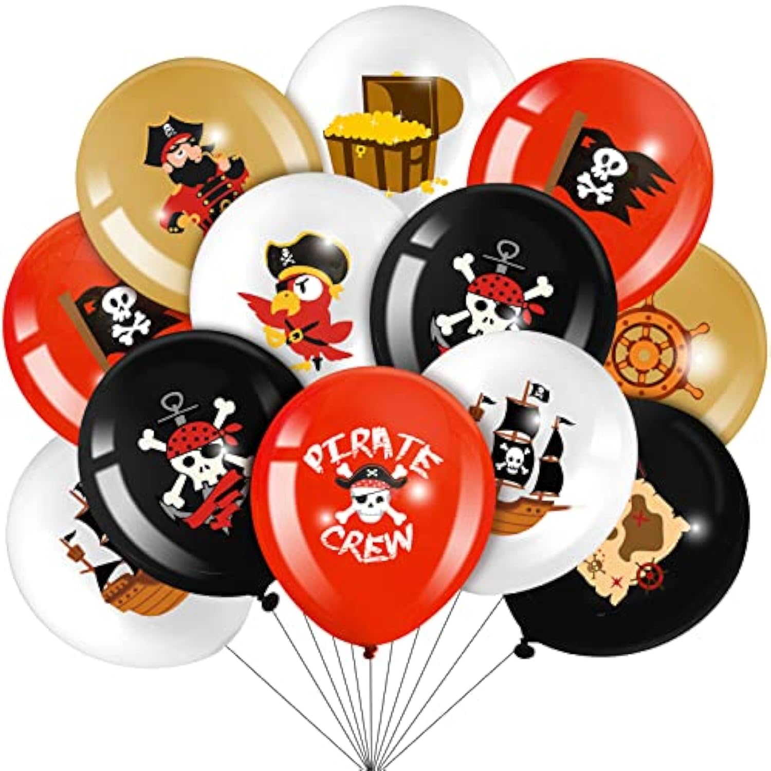 45 Pcs Pirate Party Balloons Red Black White Latex Balloons Set Round Caribbean Gold Skull Pirate Ship Sea Sailing Decoration For Birthday Party Halloween Supplies