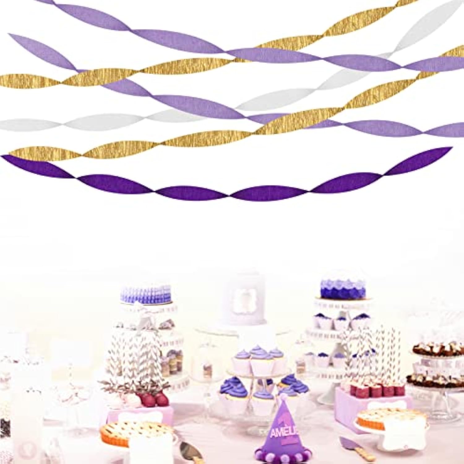 Purple-Gold Party Decorations Crepe-Paper Streamers - 8 Rolls White Purple Lavender Graduation Steamer Woman Birthday Wedding Bridal Shower Paper Garland Mothers Decor