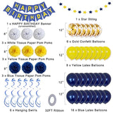 Birthday Decorations, Happy Birthday Party Supplies Bunting Banner For Men Women Navy Blue Yellow Confetti Latex Balloons Paper Pom Poms Hanging Swirls 13Th 16Th 18Th 21St 30Th 40Th