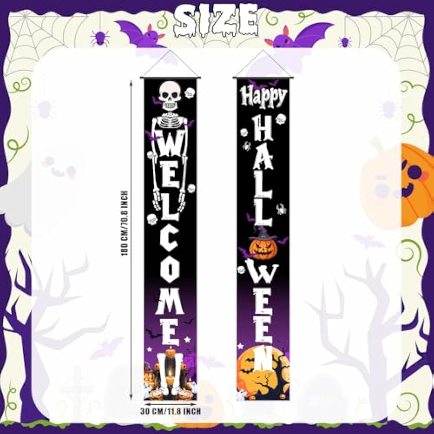 Happy Halloween Porch Banner Skeleton Welcome Vertical Banner Door Decorations