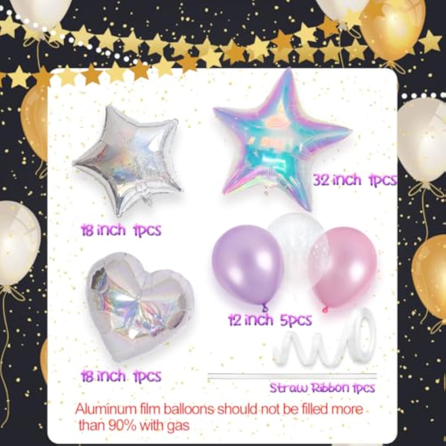 18Pcs Pearl Lilac Pink Purple Balloons Kit 32'' Clear Iridescent Star Foil Balloon Laser Star Heart Shape Balloons For Birthday Party Baby Shower Anniversary Celebration Party Decoration Supplies