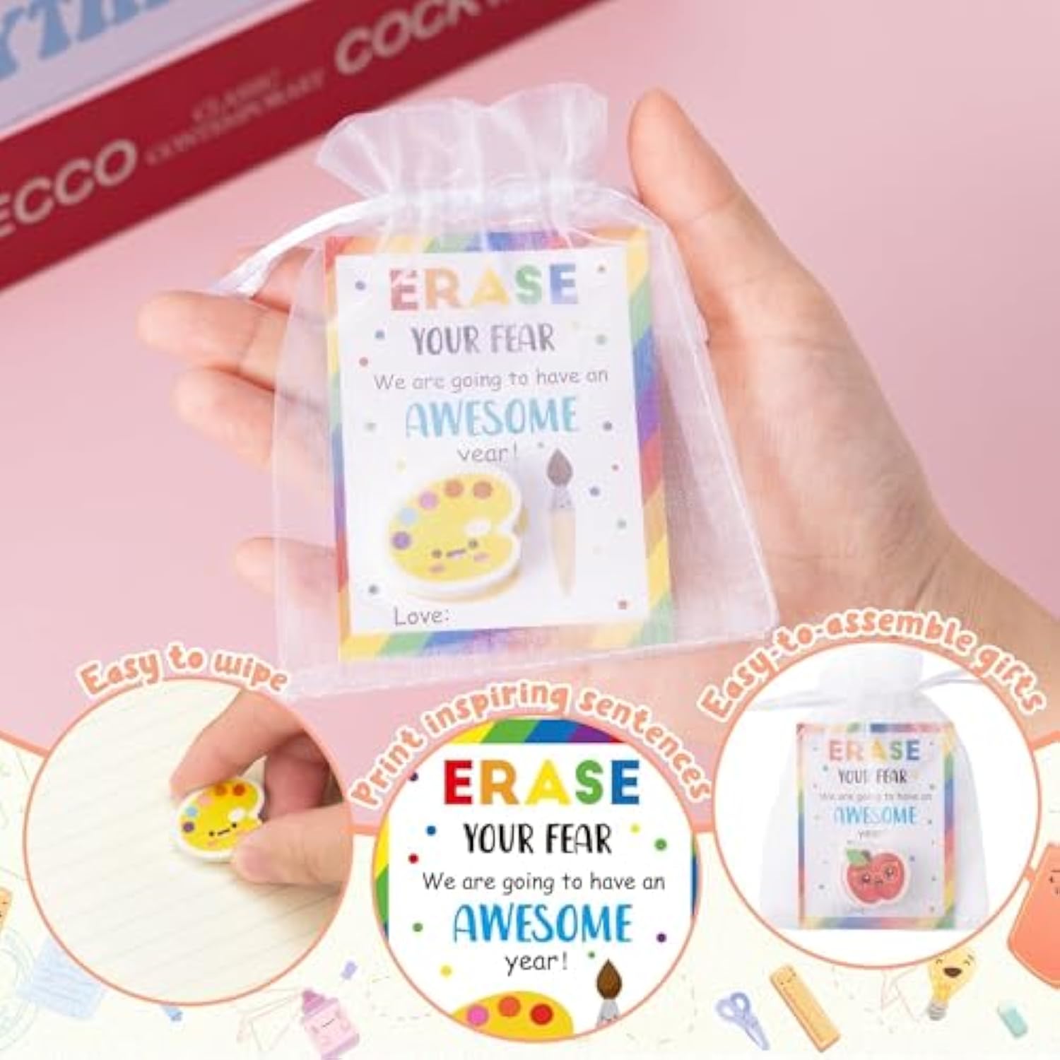 3D Mini Erasers Motivational Cards Bulk - 24 Sets Cute Back To School Inspirational Gifts, Cartoon Apple Erasers Organza Bags Reward Gifts For Kids Students, First Day Of School Party Favor