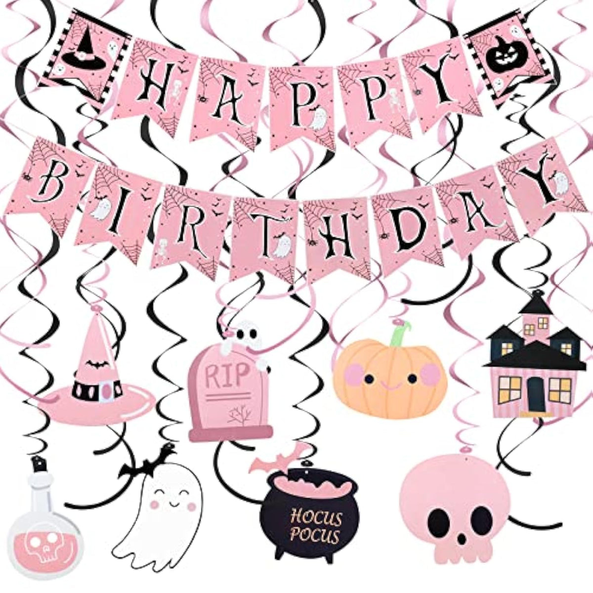 Pink Happy Birthday Halloween Banner with Hanging Swirls for Girls Party Decorations