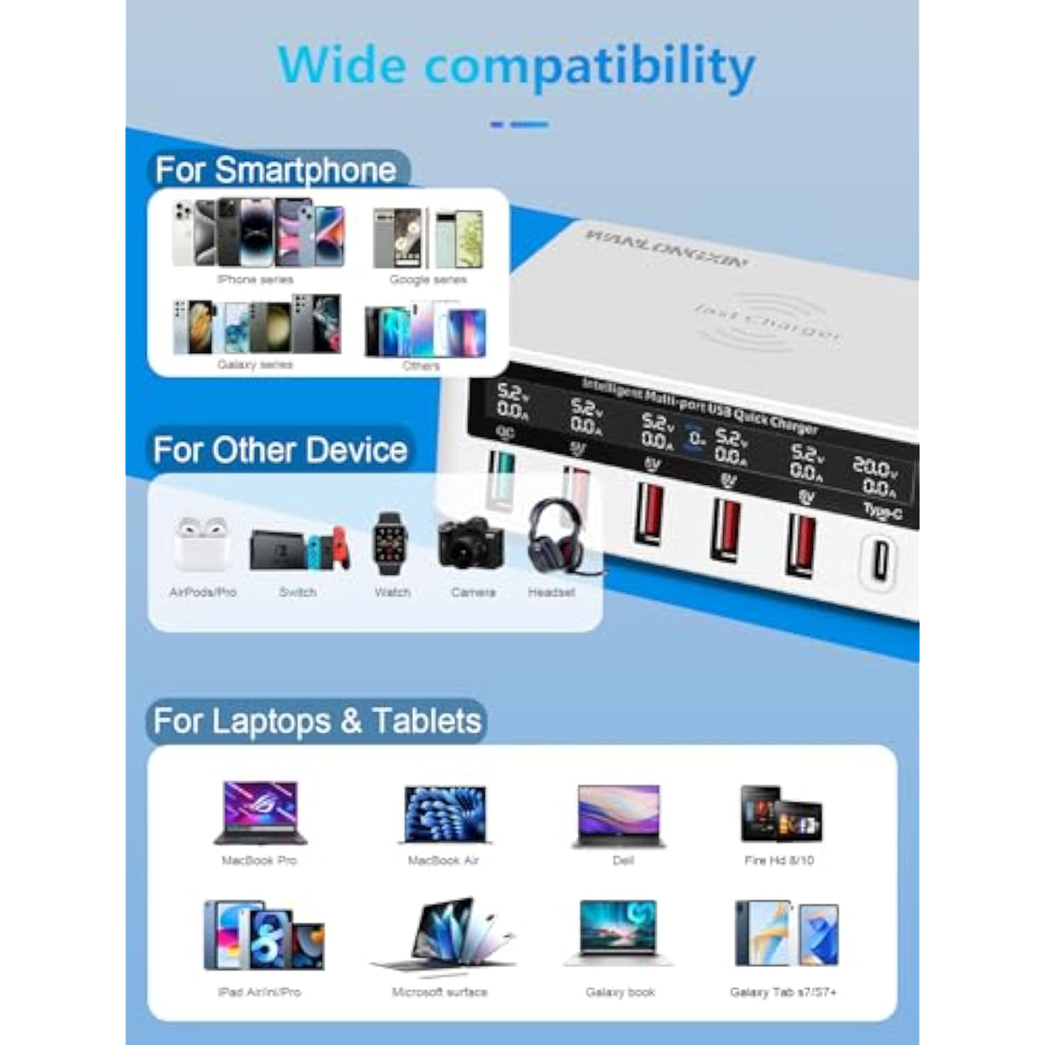 100W Usb Charging Station 6-Port With Wireless Charger, 5 Usb-A & 1 Usb-C Multi Device Charger Hub For Iphone Samsung Phones Tablets,Qi Charging Pad