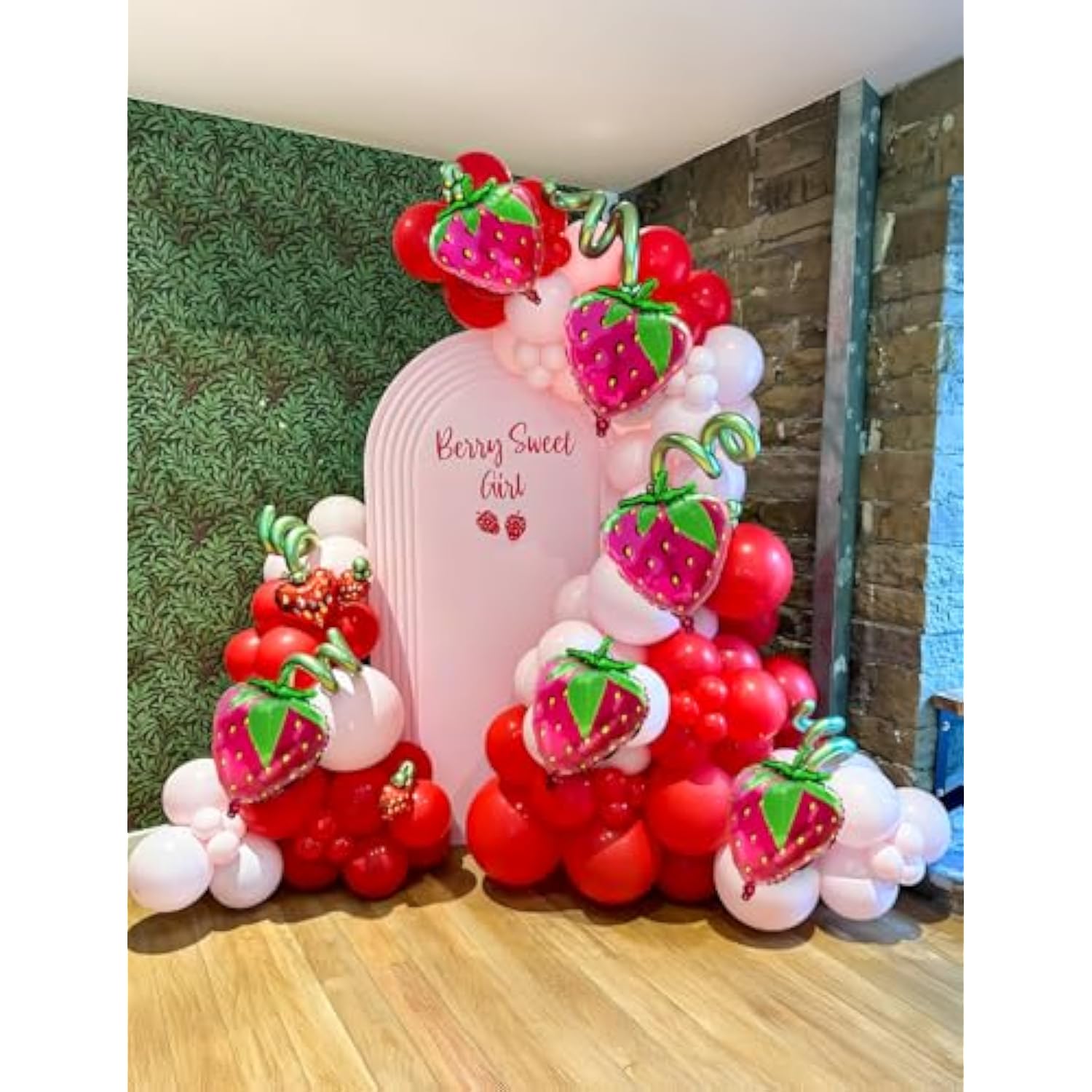 Strawberry Balloon Arch Kit 130 Pcs Red, Pink & Green Balloons for Berry First Birthday