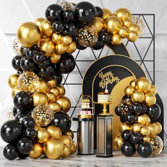 Black Gold Balloons Garland Kit, 100Pcs Black Gold Metallic Chrome And